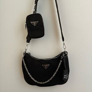 Black Nylon Shoulder Bag with Chain